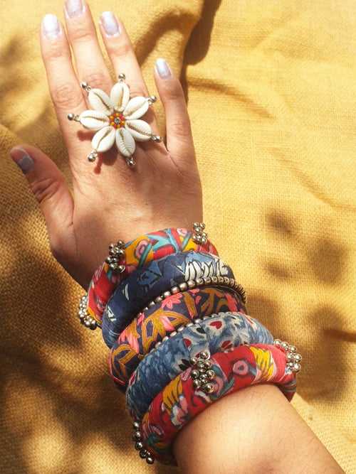 Summer Shell Ring + Fabric Oxidised Bangles Combo Set