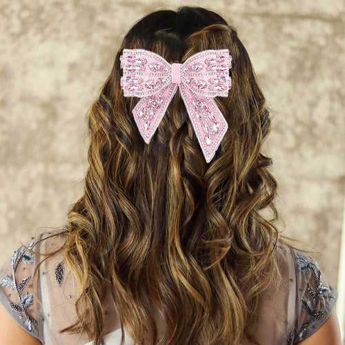 Embellished Crystal Hair Bow Barrette Clip - Pink