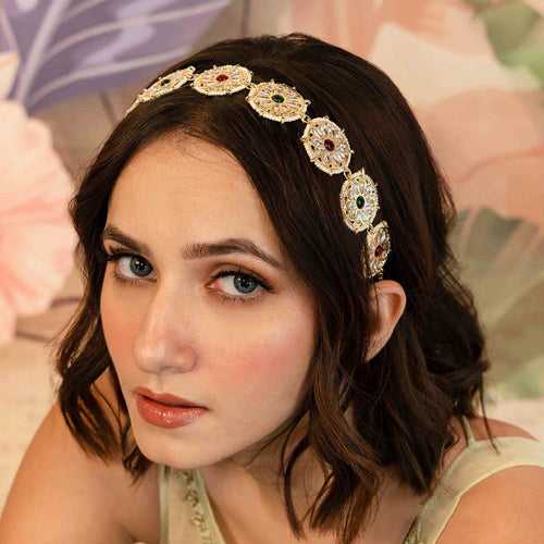 Gold Plated Floral Hair Band with White Polki and Colorful Stones - Red & Green