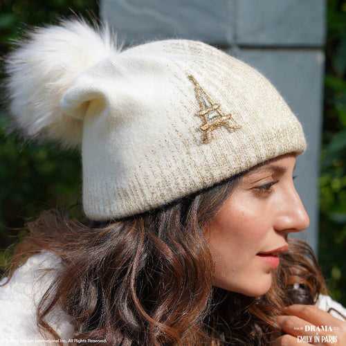 HDC x Emily in Paris Metallic White Real Wool Beanie with Original Fur Pom-pom & Eiffel Tower Applique