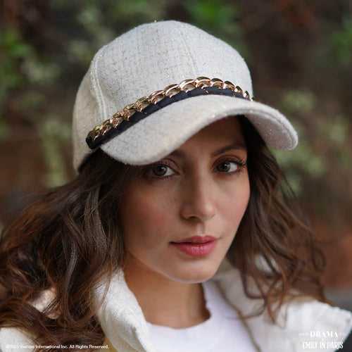 HDC x Emily in Paris Off-White Tweed Baseball Cap with Gold Chain