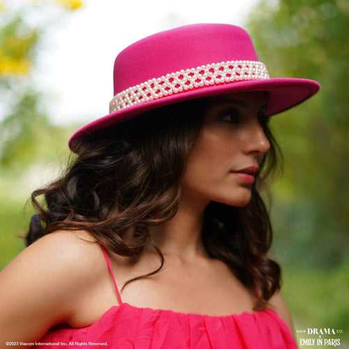 HDC x Emily In Paris Hot Pink Woolen Flat Top Fedora Hat with removable Pearl Belt