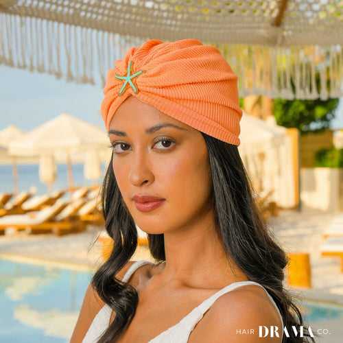 Neon Orange Ribbed Turban with Starfish Metal Broach