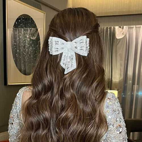 Embellished Crystal Hair Bow Barrette Clip - Silver