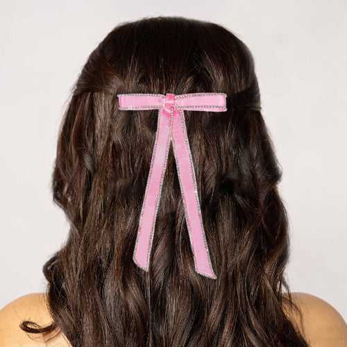 Satin Ribbon Crystal Hair Bow - Pink