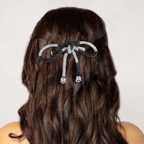 Crystal Hair Bow Barrette Clip - Silver & Black