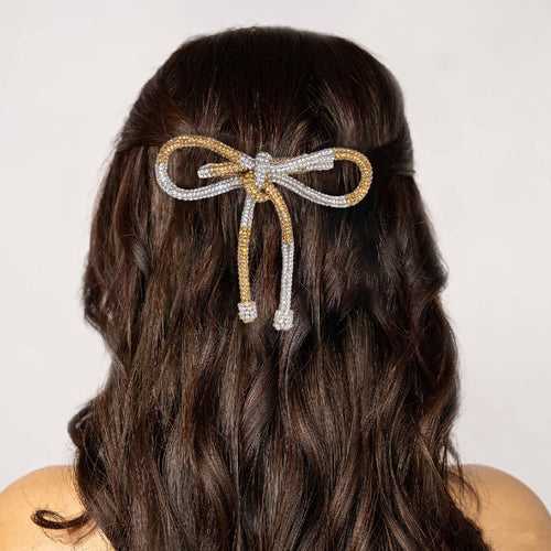 Crystal Hair Bow Barrette Clip - Silver & Gold