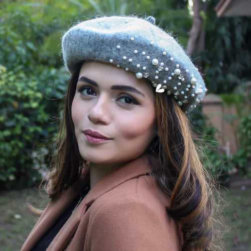 HDC X Emily In Paris Grey Beret with Pearls, Crystals & Heart Charm