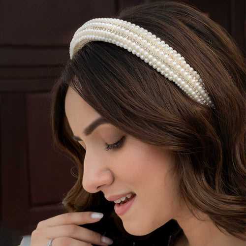 Pearls & Crystal Puff Hair Band - White