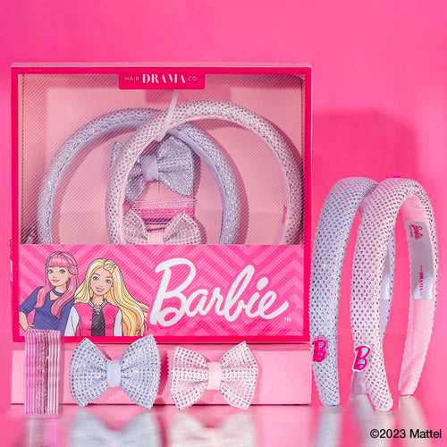 Barbie Kids Rhinestone Gift Box with 2 Puff Hair Bands with Barbie Charm, 2 Hair Bows & 12 Hair Pins