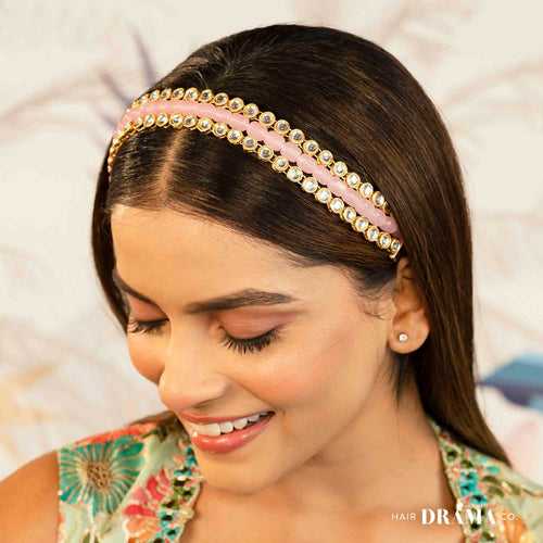 Gold Plated Hair Band with Light Pink Crystals and Transparent Stones