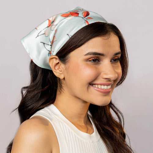 Blue Floral Satin Headscarf Headband with Elastic