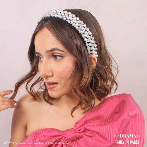 HDC X Emily In Paris Embellished Black Velvet Headband with Pearls & Crystals