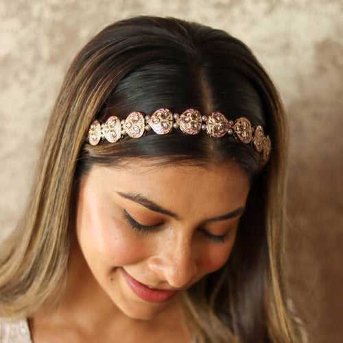 Lilac and Off White Gold Plated Hair Band with White Pearls