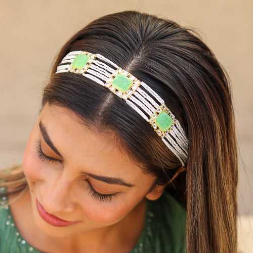 Gold Plated Hair Band with White Polki, Pearls and Enamel in Light Green