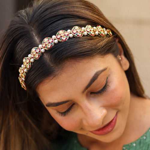 Red and Green Gold Plated Hair Band with White Pearls