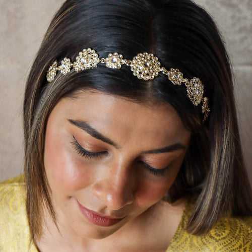 Gold Plated Hair Band with White Polki