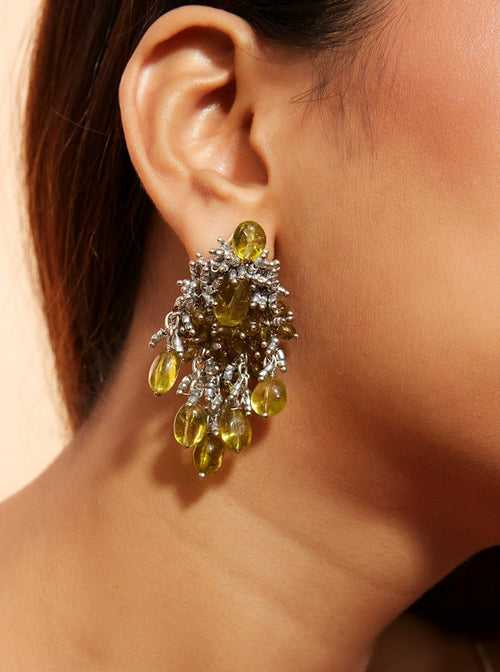 Olive Green Stone Drop Stud Earrings