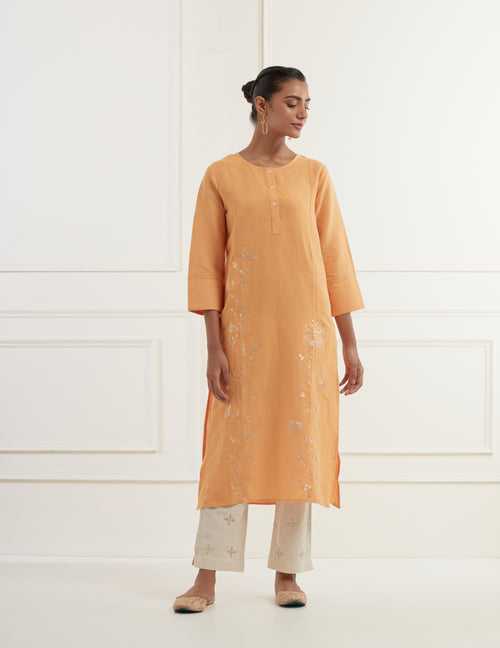 Mango yellow linen panelled kurta with long embroidered pittan bootas