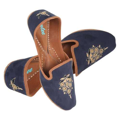 KASHMIRI LAKE - NAVY SUEDE WITH INTRICATE EMBROIDERY CREST