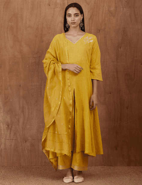 Mustard Yellow Front Slit Suit Set - Set of 3