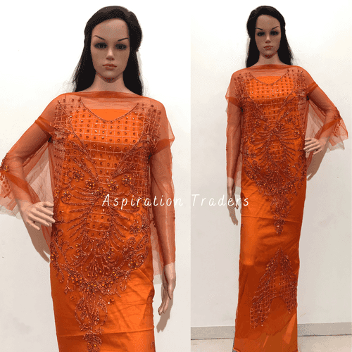 Pure Orange French Beaded Stone Work Back Front Applique Blouse Patch - AB1007