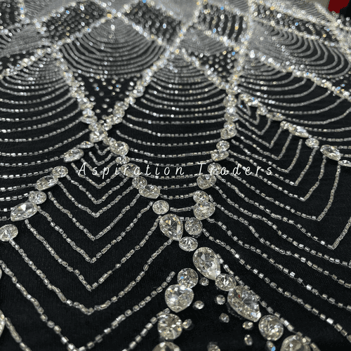 Trendsetting Black with Heavy  Silver Crystal Stone work Applique Set - AP082