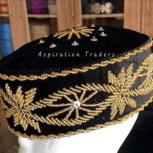 Hand Beaded Black Igbo Traditional Wedding Velvet Fabric Hard Hat - AWC011
