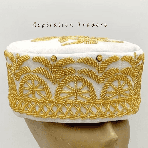 Elegant White Gold Beaded Velvet Fabric African Wedding Hat  - AWC012