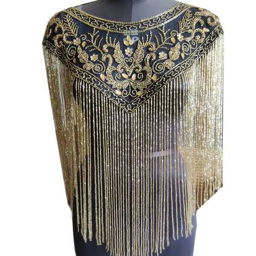 Party Wear Crochet Knit Net Fringes Poncho Wrap Cape Golden Beads- BDP002