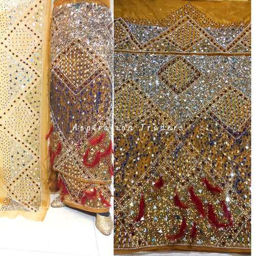 Vintage Mustard Gold Designer Net lace George Wrapper set  - NLDG220