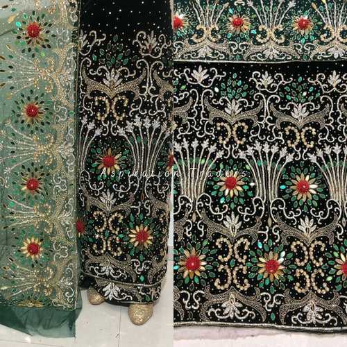 Dark Green Crystal Beaded Velvet George Wrapper For Traditional Wear- VG048