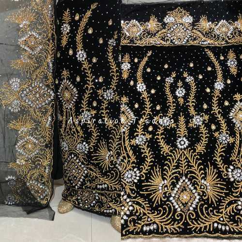 Beauty in Black Velvet Fabric Heavy beaded George wrapper set - VG055