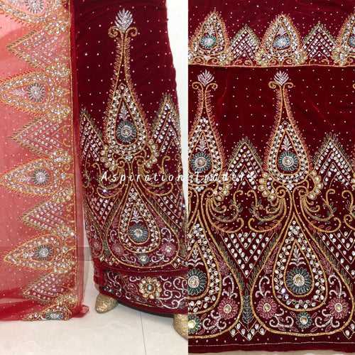 Ruby Red Velvet Heavily Beaded Nigerian George wrapper set - VG061