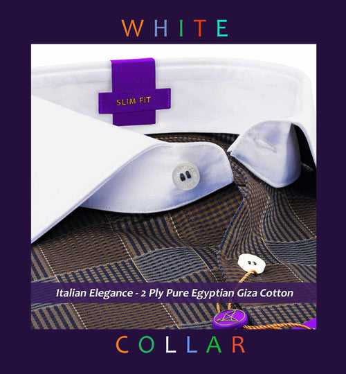 Hempstead- Navy & Brown Check- White Collar- 2 Ply Egyptian Giza Cotton-Delivery from 15th May