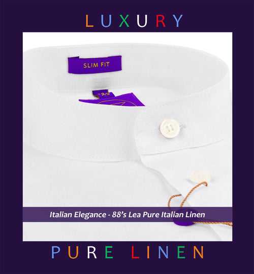 Delphi- Pristine Pure White Linen- Mandarin Collar- 88's Lea Pure Italian Linen- Delivery from 15th May