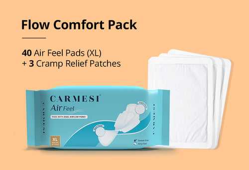 Carmesi Flow Comfort Combo | Air Feel Pads with Dual Airflow Pores (Pack of 40) + Cramp Relief Air Activared Heat Patches (Pack of 3)