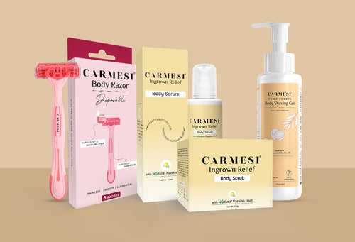 Carmesi Ingrown-Free Shaving Combo | Ingrown Relief Serum, Ingrown Relief Scrub, Disposable Razors, Body Shaving Gel