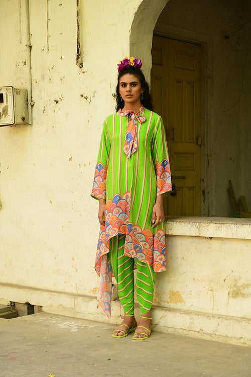 Khus Parrot Green Asymmetrical Tunic