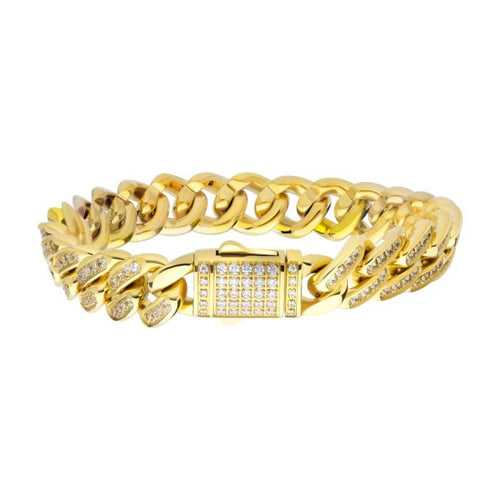 12mm 18K Gold Plated Stainless Steel Iced Miami Cuban Pattern with Cubic Zirconia Double Tab Box Clasp Bracelet