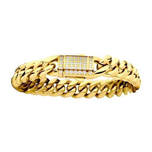 18K Gold Ion Plated Stainless Steel 12mm Miami Cuban with CZ Bracelet