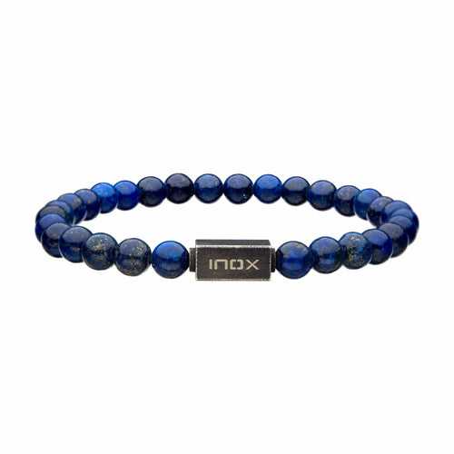Antiqued Silver Tone Stainless Steel 6mm Blue Lapis Lazuli Stretch Bead Bracelet