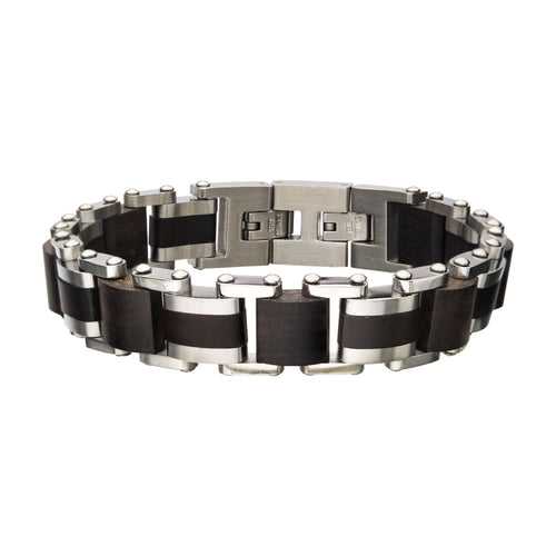 Black and Silver Tone Stainless Steel Matte Finish with Ebony Wood Link Bracelet