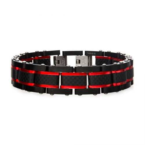 Black Stainless Steel with Black Carbon Fiber and Red Aluminium Accent Link Bracelet