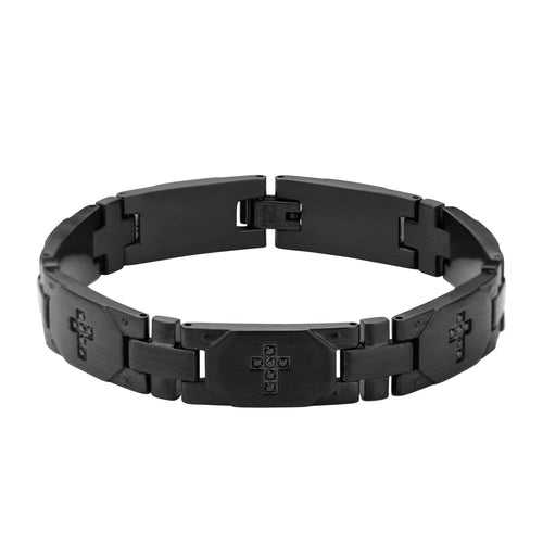 Black Stainless Steel with Black CZ Religious Cross Link Bracelet