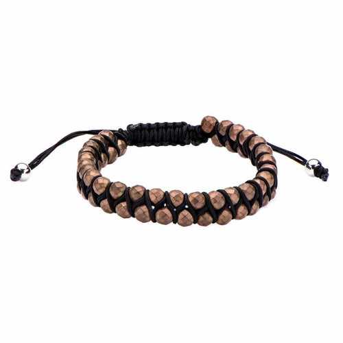 Brown Hematite Bead Black Nylon and Silver Tone Stainless Steel Detail Adjustable Bracelet