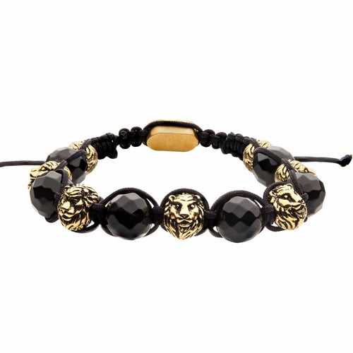 Golden Tone Stainless Steel Black Agate Lion Head Bead Adjustable Braided Bracelet