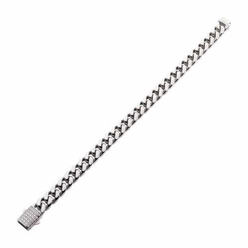 Lab Grown Diamond Silver Tone Stainless Steel 10mm Miami Cuban Chain Bracelet with Double Tab Box Clasp