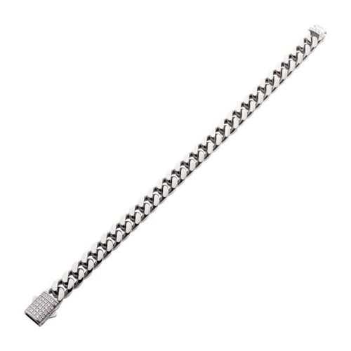 Lab Grown Diamond Silver Tone Stainless Steel 12mm Miami Cuban Chain Bracelet with Double Tab Box Clasp