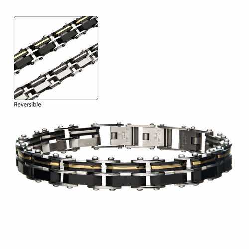 Black, Golden and Silver Tone Stainless Steel Reversible Link Bracelet